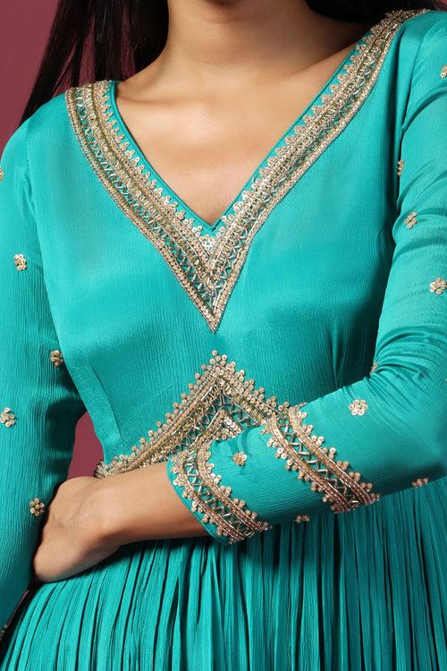 TEAL BLUE ANARKALI WITH PINK DUPATTA