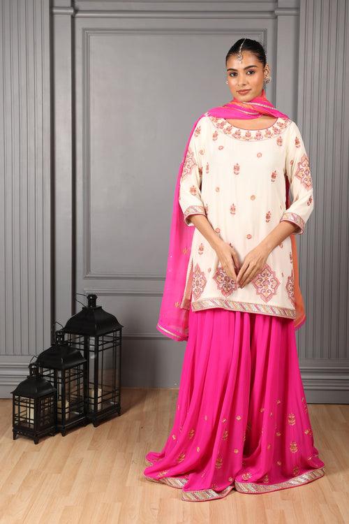 Off-White & Pink Embroidered Sharara Set