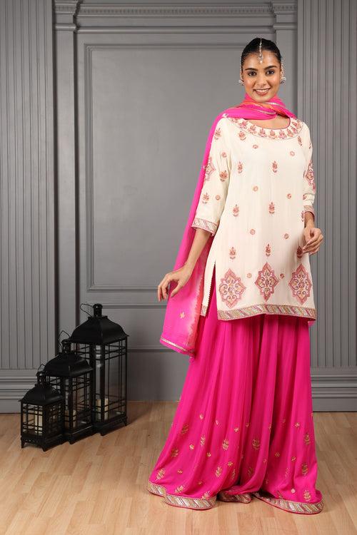 Off-White & Pink Embroidered Sharara Set