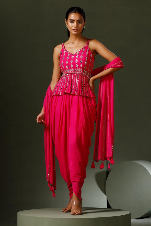 Hot Pink Peplum Mirror Work Dhoti Set ( Ready To Ship )