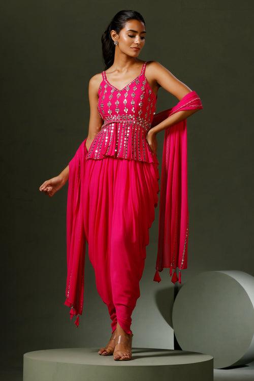 Hot Pink Peplum Mirror Work Dhoti Set ( Ready To Ship )