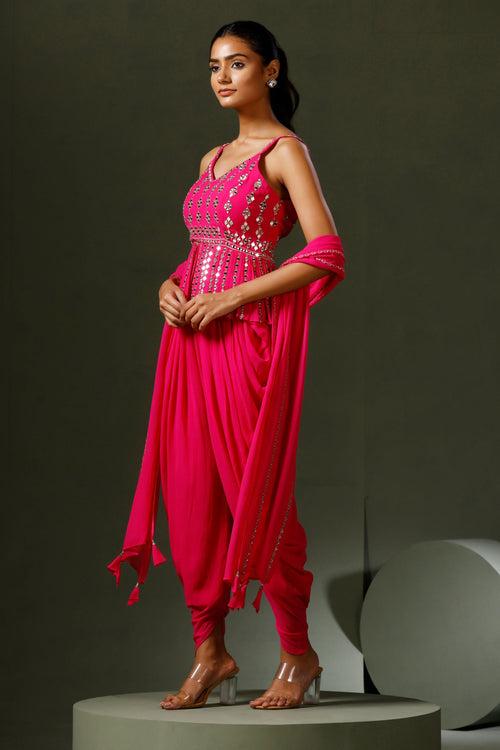 Hot Pink Peplum Mirror Work Dhoti Set ( Ready To Ship )