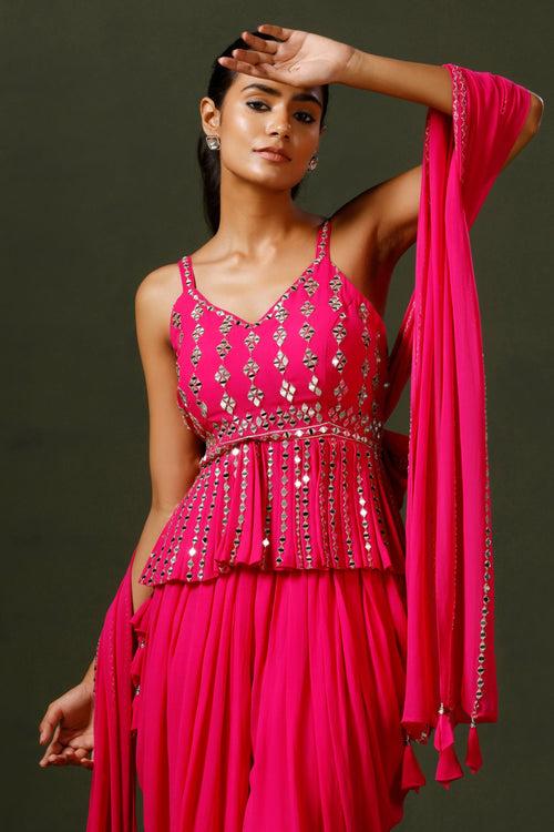 Hot Pink Peplum Mirror Work Dhoti Set ( Ready To Ship )