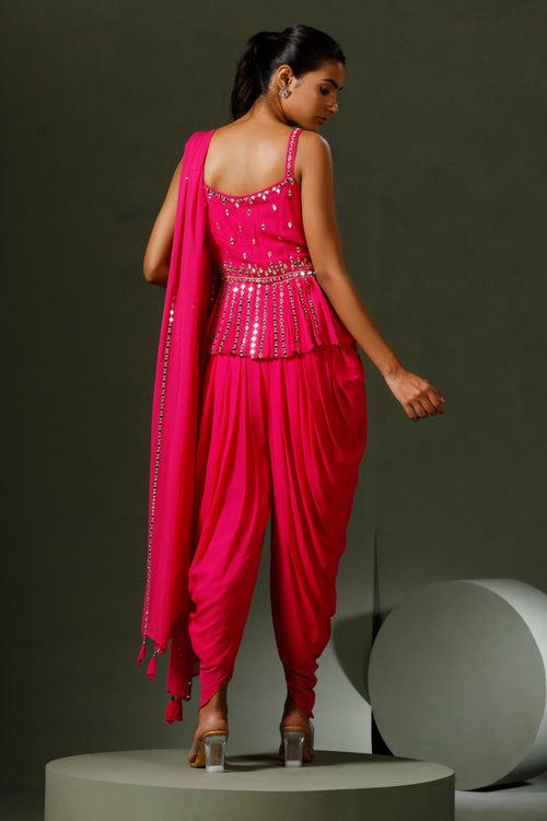 Hot Pink Peplum Mirror Work Dhoti Set ( Ready To Ship )