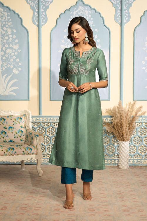 Embroidered Teal Green Kurta Set with Pants