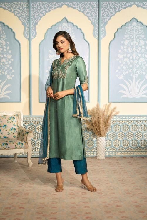 Embroidered Teal Green Kurta Set with Pants