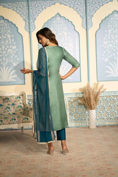 Embroidered Teal Green Kurta Set with Pants