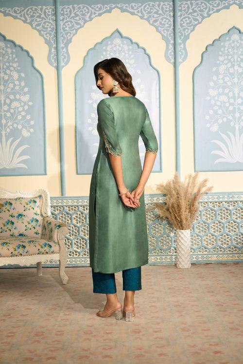 Embroidered Teal Green Kurta Set with Pants