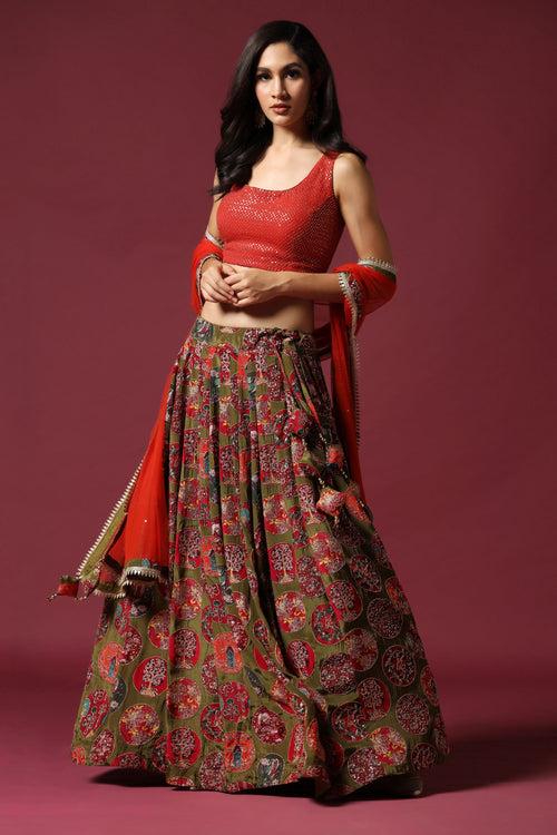 Red & Olive Lehenga Set