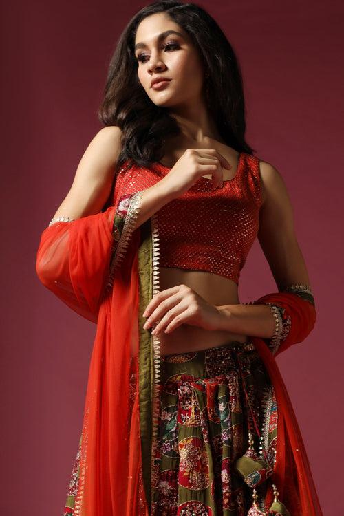 Red & Olive Lehenga Set