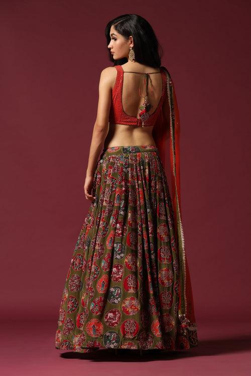 Red & Olive Lehenga Set