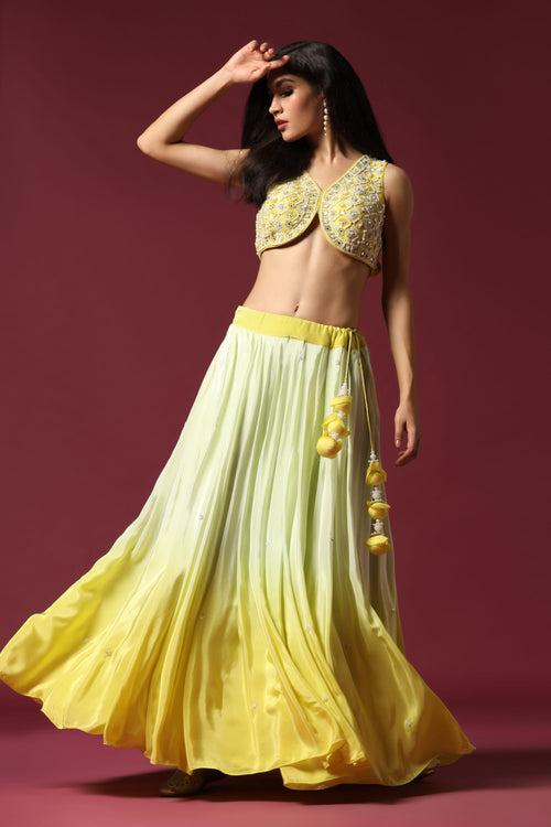 Shaded Yellow Embroidered Ombre Lehenga Set