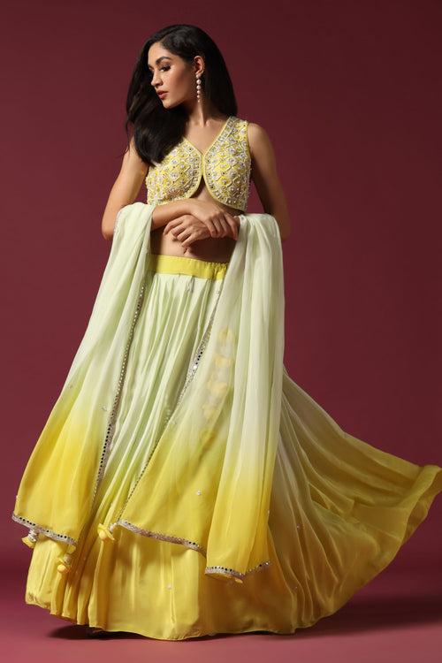 Shaded Yellow Embroidered Ombre Lehenga Set