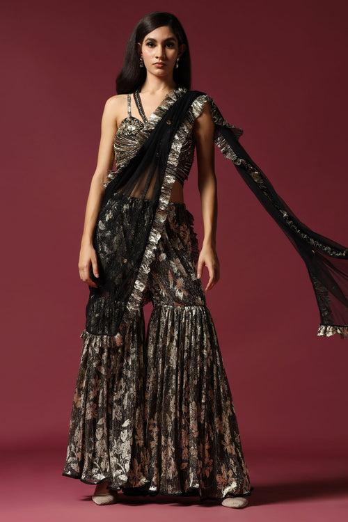 Black and Gold Drape Saree with Hand Embroidered Blouse