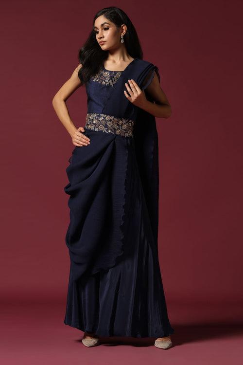 Navy Blue Pre-Draped Saree with A Belt