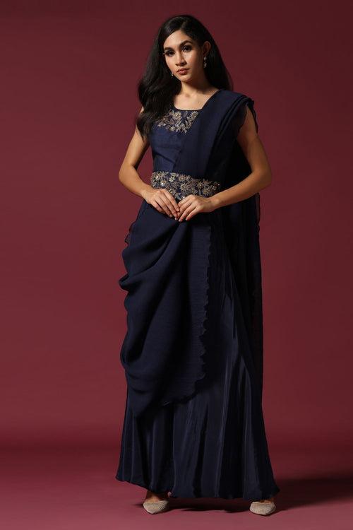 Navy Blue Pre-Draped Saree with A Belt