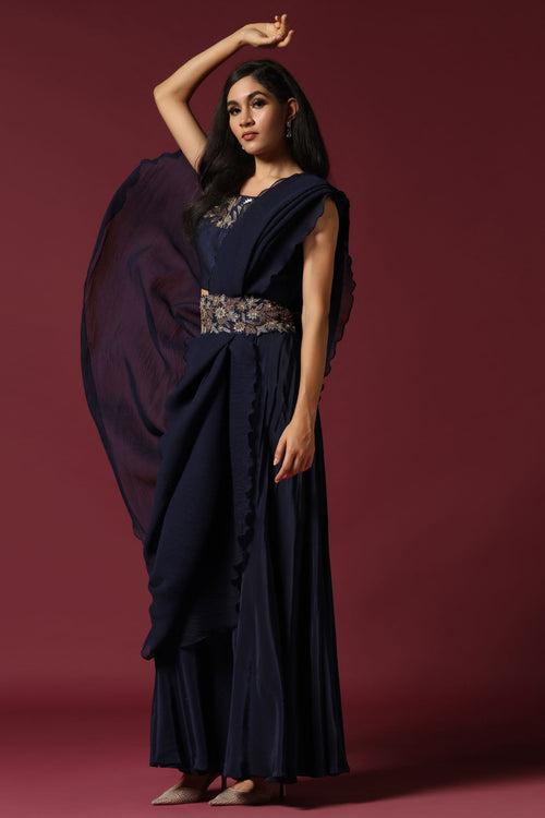 Navy Blue Pre-Draped Saree with A Belt