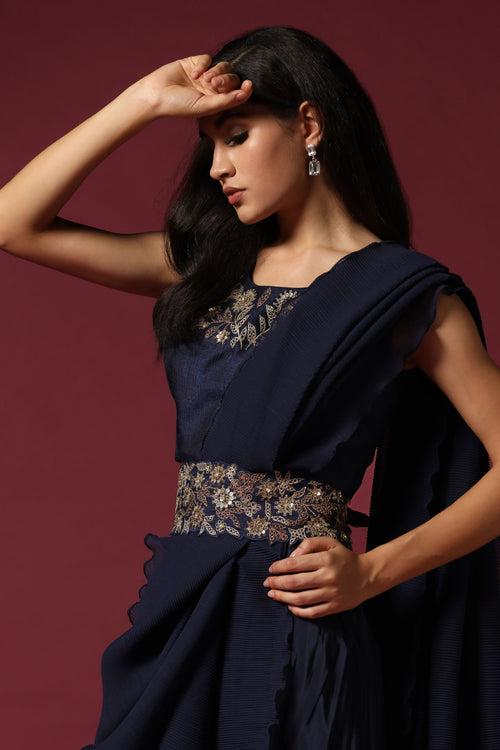 Navy Blue Pre-Draped Saree with A Belt