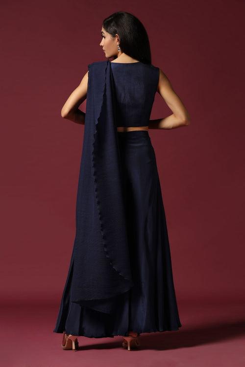 Navy Blue Pre-Draped Saree with A Belt