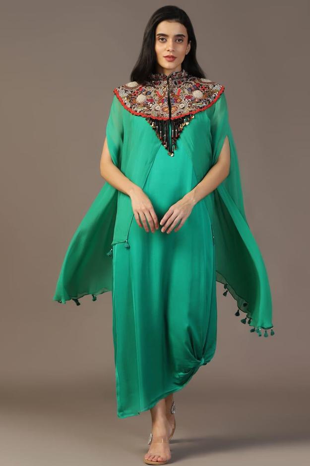 LEAF GREEN GOWN WITH EMBROIDERED CAPE