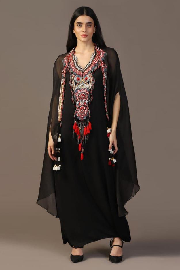 BLACK EMBROIDERED GOWN WITH CAPE SET