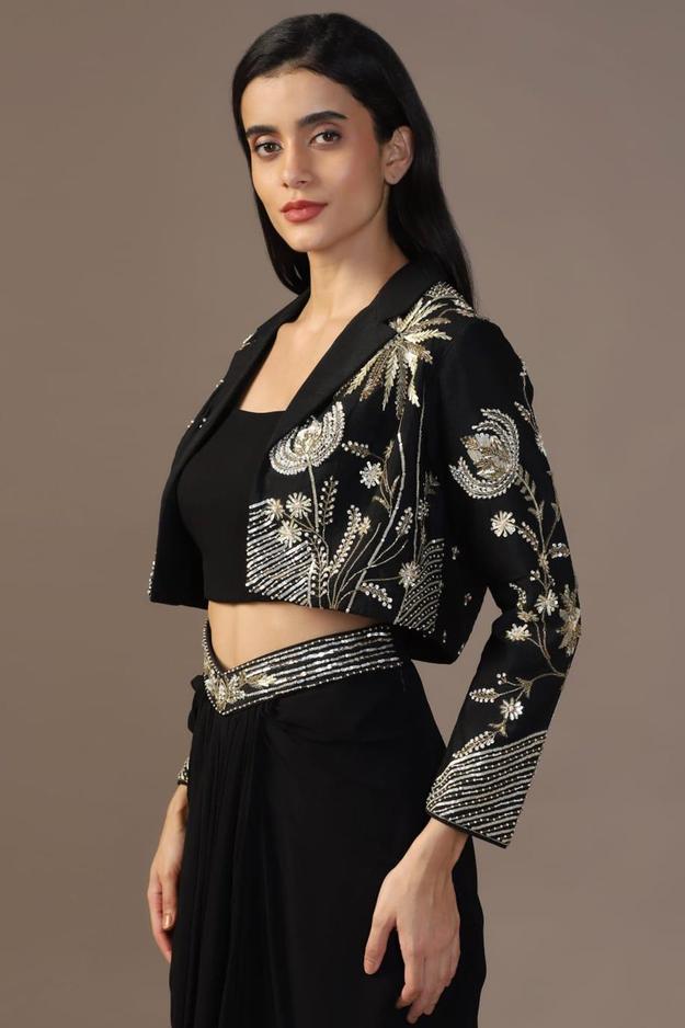 BLACK  TOP WITH DRAPED SKIRT AND  EMBROIDERED JACKET