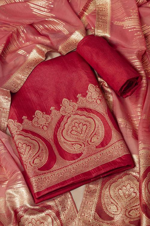 THE CLASSIC RED BANARASI UNSTITCHED SUIT  WITH BOTTOM FABRIC AND SOFT BANARASI ORGANZA  DUPPATTA