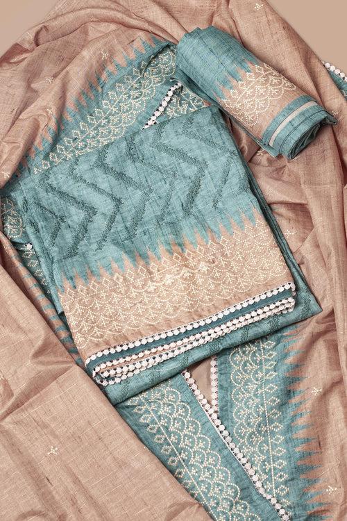 LIGHT TURQUOISE HANDWOVEN TUSSAR SILK UNSTITCHED SUIT SET WITH BOTTOM FABRIC AND DUPPATTA