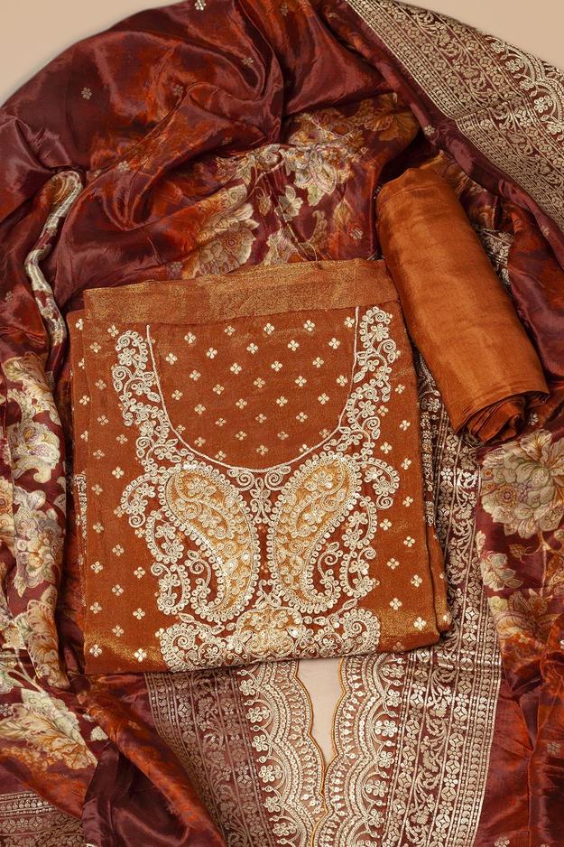 RUST BANARASI SILK UNSTITCHED SUIT SET WITH BOTTOM AND DUPPATTA