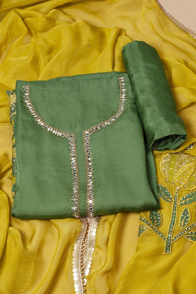 MEHENDI GREEN UNSTITCHED SUIT SET WITH APPLIQUED ORGANZA DUPPATTA AND SHANTOON BOTTOM FABRIC