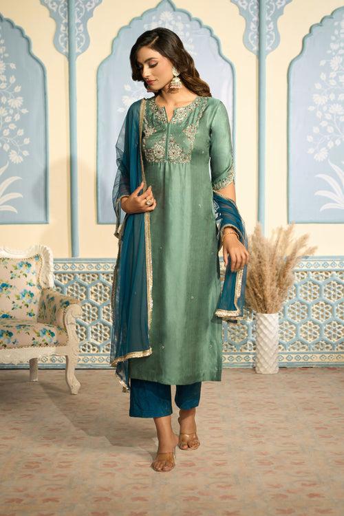 Embroidered Teal Green Kurta Set with Pants