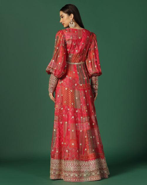 Pink Chinon Gold Embroidered Anarkali Set