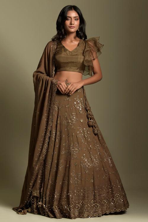 Brown & Gold Georgette Lehenga Set