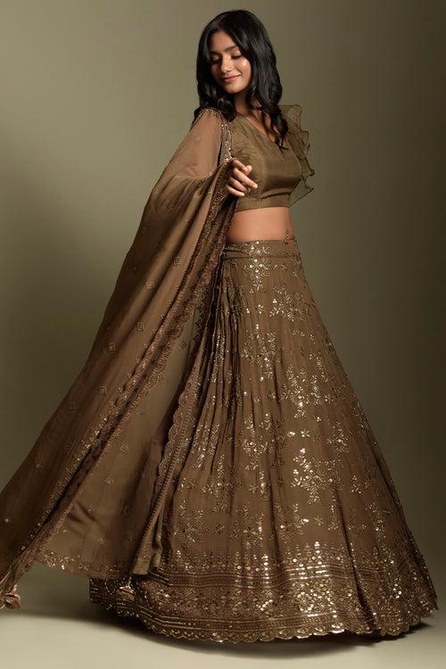 Brown & Gold Georgette Lehenga Set