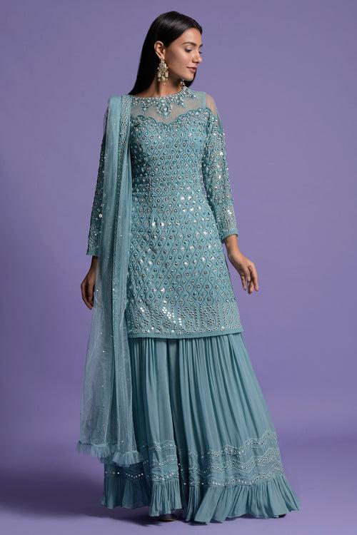 Blue Georgette Embroidered Kurta Set