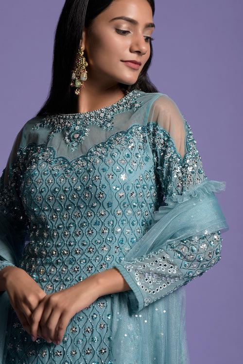 Blue Georgette Embroidered Kurta Set