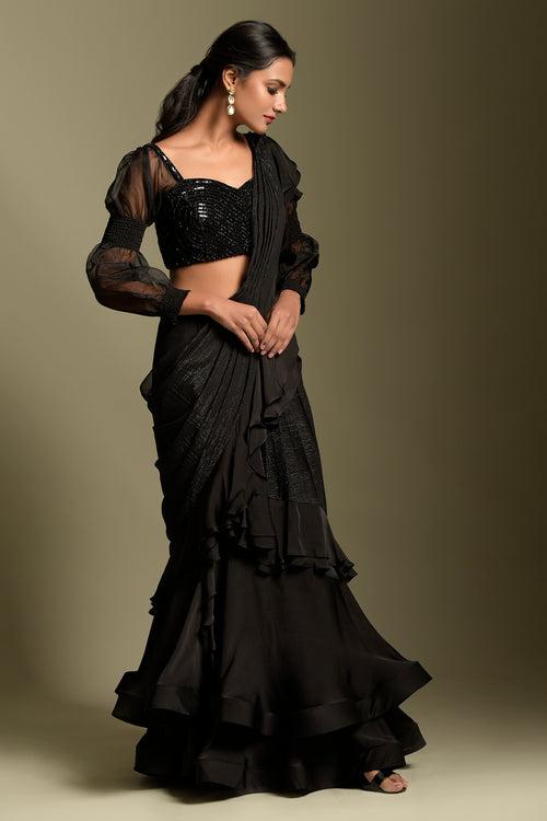 Black Georgette Pre-Draped Saree Set