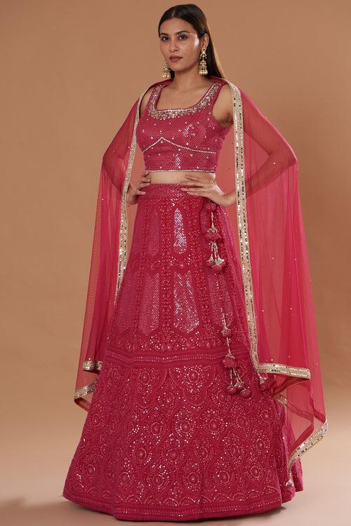 Magenta Georgette Chikan Embroidered Lehenga Set