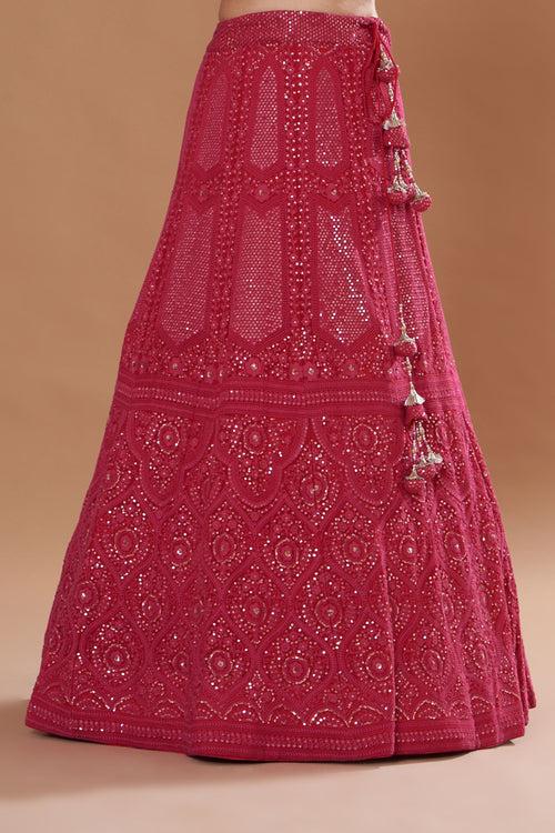 Magenta Georgette Chikan Embroidered Lehenga Set