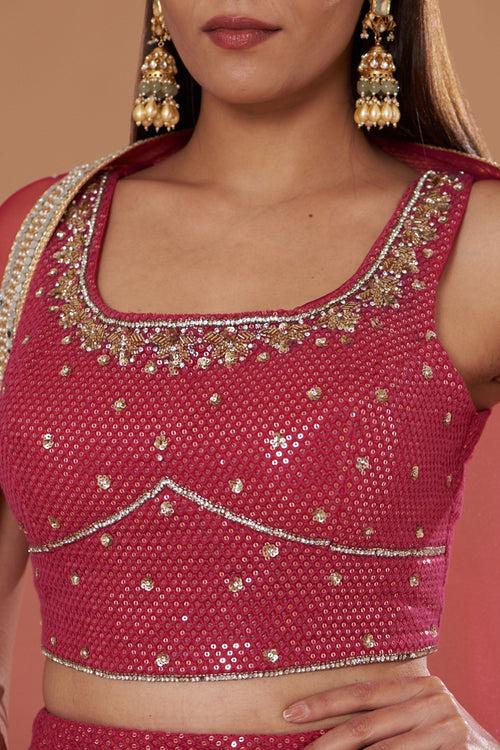 Magenta Georgette Chikan Embroidered Lehenga Set