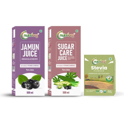 Nutriorg Diabetic Care Kit (Sugar Care Juice 500ml, Stevia Leaf Powder 100g, Jamun Juice 500ml)