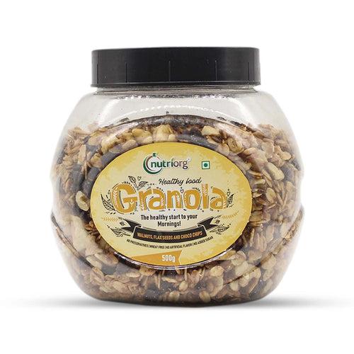 Nutriorg Crunchy Nutty Granola Walnut, Flaxseeds & Choco Chips Flavor | Breakfast Cereal | Multigrain Flakes