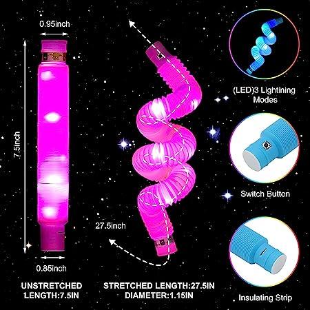 designarche LED Flashing Pop Tube Fidget 6 Pcs Toy Fun Pull and Pop Tubes Sensory Tubes for Kids Adults Stretch and Bend ADHD Autism Anxiety Stress Relief Toys Great Gift Party Prizes