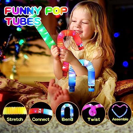 designarche LED Flashing Pop Tube Fidget 6 Pcs Toy Fun Pull and Pop Tubes Sensory Tubes for Kids Adults Stretch and Bend ADHD Autism Anxiety Stress Relief Toys Great Gift Party Prizes