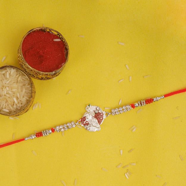 Designarche Handcrafted Silver Rakhi with Roli Chawal and Raksha Bandhan Greeting Card