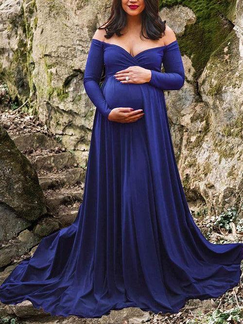 Rent A Royal Blue Pleated Maternity Gown & Off Shoulder Sleeves With Elegant Neckline
