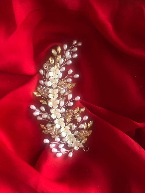 White Beaded Flower and pearl Accessory