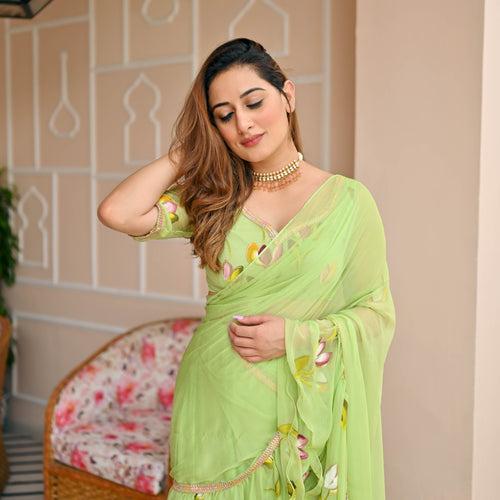 Paradise Green Draped Saree with Blouse | Relove