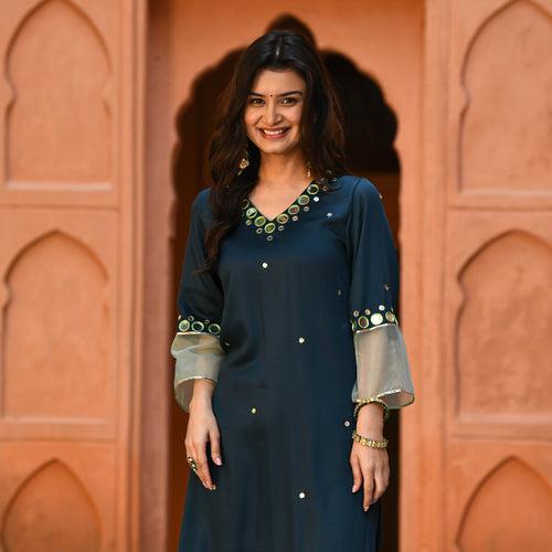 Deep Green Mirror Work Kurta Set | Relove