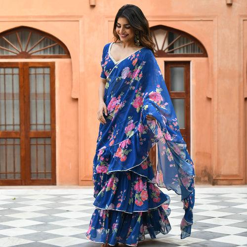 Bunaai Blue Floral Fusion Saree | Relove